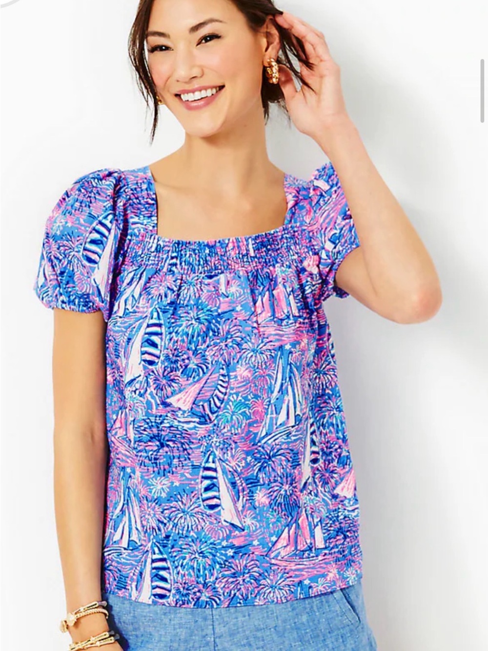 NWOT Lilly Pulitzer Keating Linen Top in Boca Blue it’s a Sailabration / Size 0